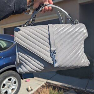 Saint Laurent College Large Flap YSL Shoulder Bag in Quilted Leather in Gray